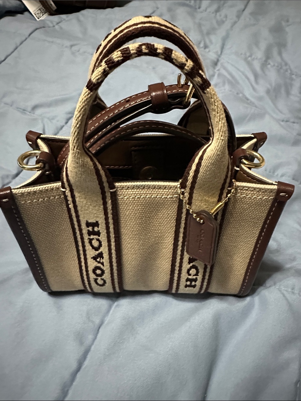 COACH Beige Canvas Mini Tote with Brown Leather Trim Authentic